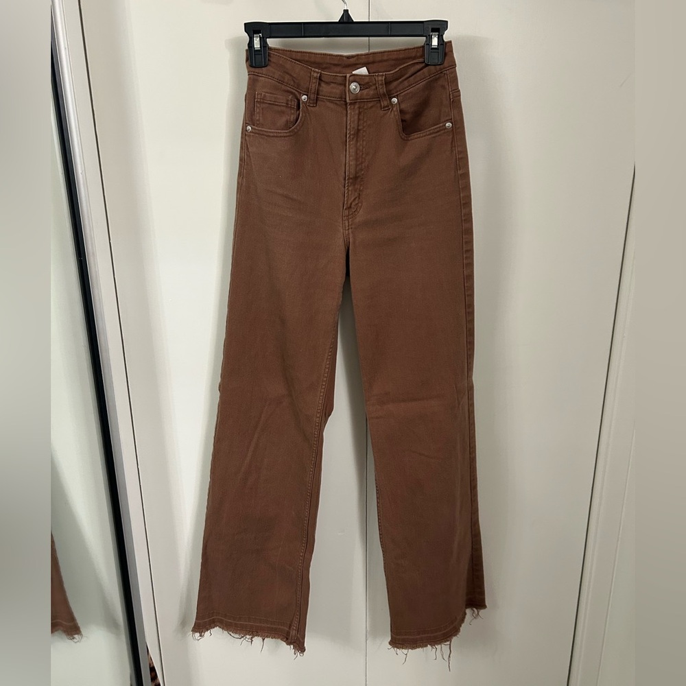 Brown Wide Leg Women's Jeans Distressed Hem